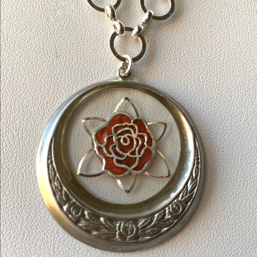 Metal Flower Charm Filled w/ Resin Floated in Resin in Metal Stapling Necklace
